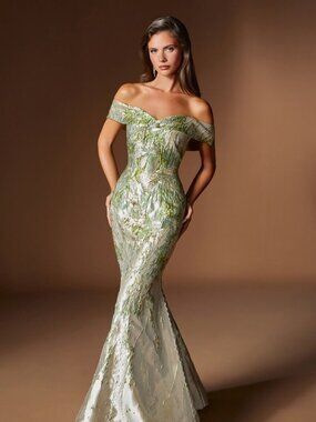 New Green Off The Shoulder Mermaid Pageant Gown w/ Woven Pattern CD0107